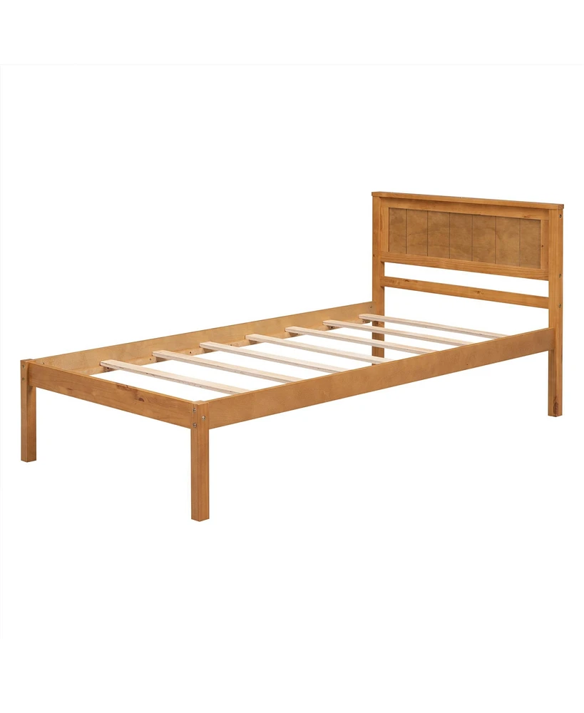 Simplie Fun Platform Bed Frame With Headboard, Wood Slat Support, No Box Spring Needed, Twin, Oak