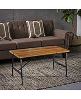 Industrial-Chic Acacia Wood Patio Coffee Table with Weather-Resistant Iron Frame