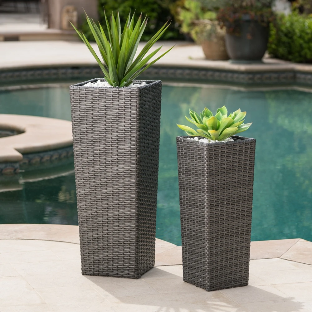 Wicker & Iron Patio Planter Set - Elegant Herb & Flower Pots