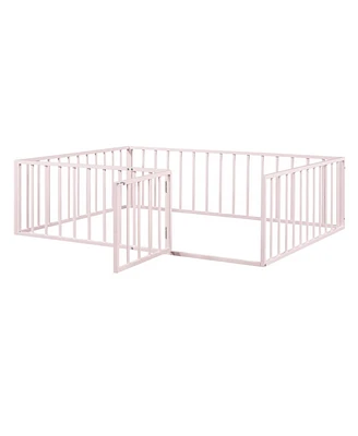 Simplie Fun Full Size Metal Floor Bed Frame With Fence And Door