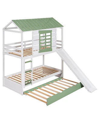 Simplie Fun Twin Over Twin Size House Bunk Bed With Convertible Slide And Trundle