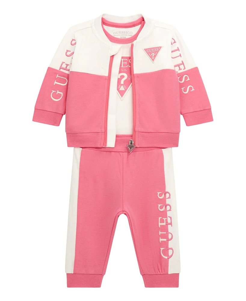 Guess Baby Girl Long Sleeve Bodysuit, Long Sleeve Zip Top, and Pant Set