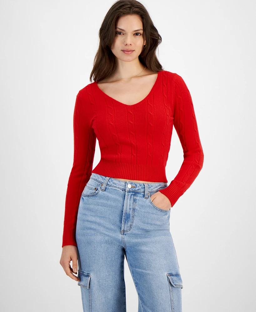 Ultra Flirt Juniors' Cropped V-Neck Cable-Knit Sweater