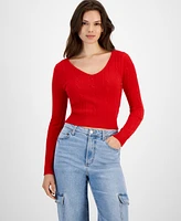 Ultra Flirt Juniors' Cropped V-Neck Cable-Knit Sweater