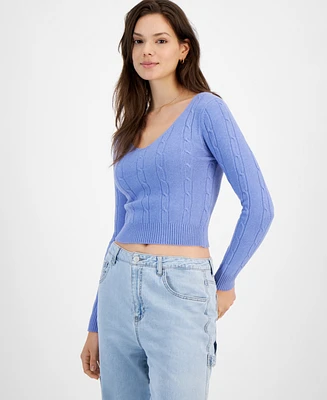 Ultra Flirt Juniors' Cropped V-Neck Cable-Knit Sweater