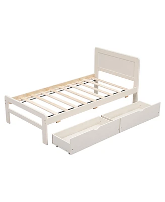 Simplie Fun Modern Design Twin Size Platform Bed Frame With 2 Drawers For White Washed Color