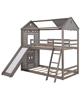 Simplie Fun Twin Over Twin Bunk Bed Wood Bed With Roof, Window, Slide, Ladder