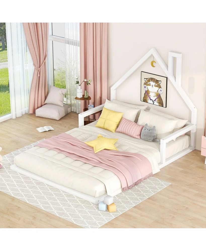 Simplie Fun Full Size Wood Floor Bed With House-Shaped Headboard