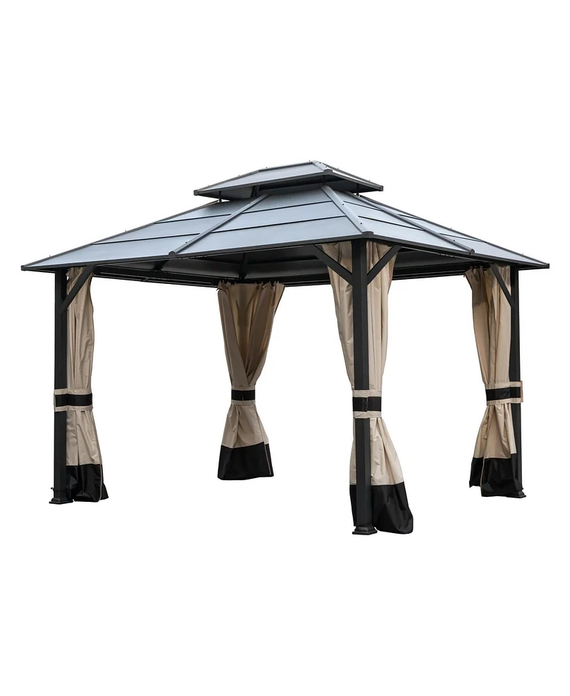 Mondawe 10x12 Hardtop Gazebo Galvanized Iron Aluminum Double Roof Canopy with Netting and Curtains