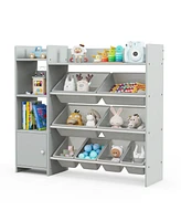 Slickblue 4-Tier Kids Bookshelf and Toy Storage Rack with 8 Toy Organizer Bins-Grey