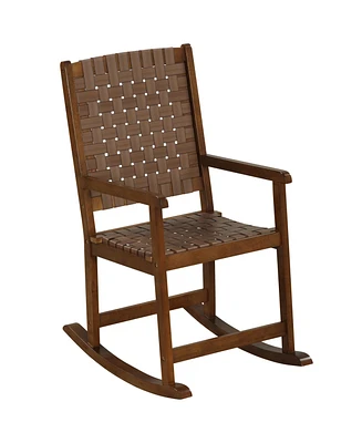 Slickblue Patio Wood Rocking Chair with Pu Seat and Rubber Wood Frame-Brown