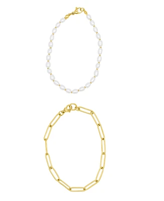 Adornia Gold Tarnish Resistant Freshwater Cultivated Pearl and Paperclip Chain Bracelet Set