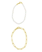 Adornia Gold Tarnish Resistant Freshwater Cultivated Pearl and Paperclip Chain Bracelet Set