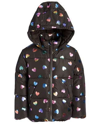 S Rothschild & Co Toddler Little Girls Quilted Metallic Heart-Print Full-Zip Hooded Puffer Jacket