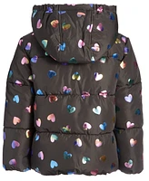 S Rothschild & Co Toddler Little Girls Quilted Metallic Heart-Print Full-Zip Hooded Puffer Jacket