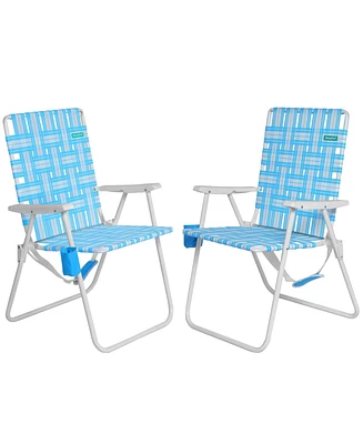 Mondawe Metal Outdoor Beach Chair Camping Lounge Chair Lawn Chair with Side Beverage Pocket( Set of 2）