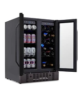 Newair 24" Wine and Beverage Refrigerator and Cooler, 18 Bottle and 60 Can Capacity, Built-in Dual Zone Fridge in Black Stainless Steel with French Do
