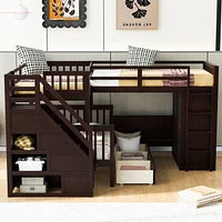 Twin-Twin over Full L-Shaped Bunk Bed w/ Desk & Wardrobe
