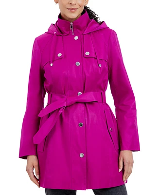 London Fog Women's Hooded Belted Zip-Front Raincoat