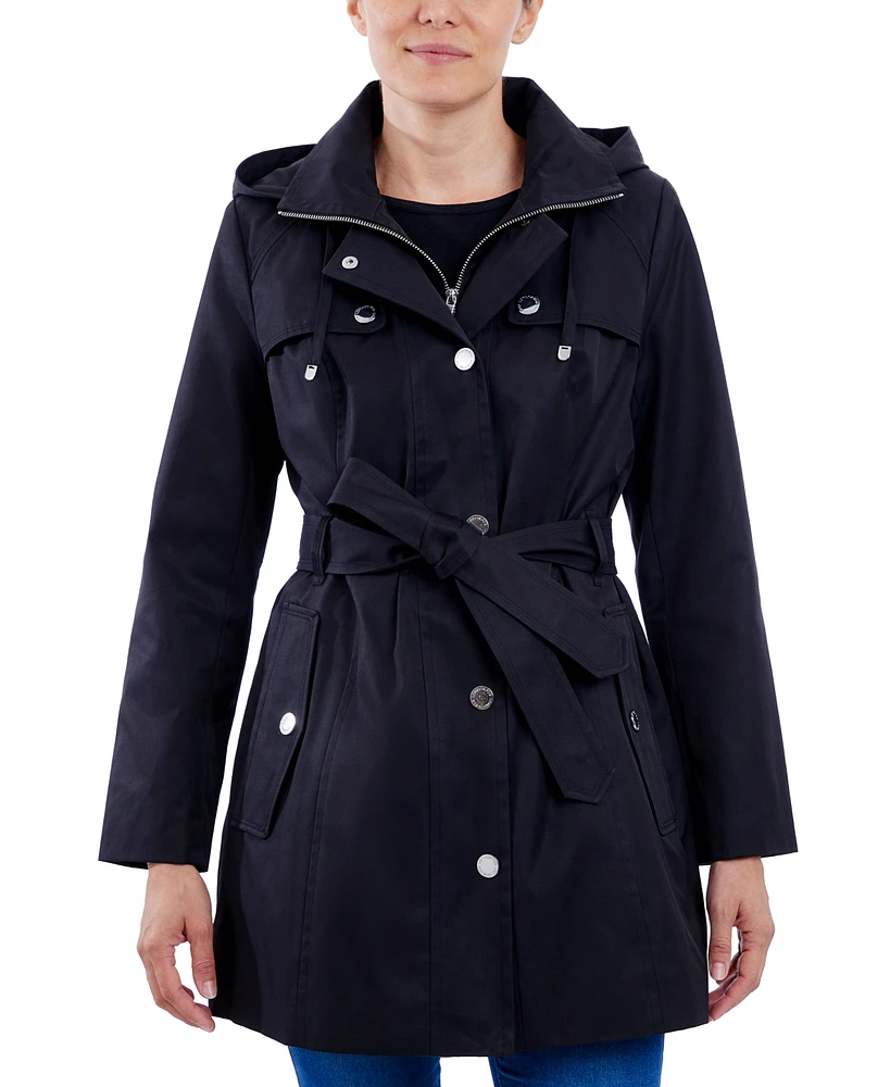 London Fog Petite Hooded Belted Zip-Front Raincoat