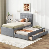 Streamdale Furniture Twin Size Upholstered Platform Bed With Pull-Out Twin Size Trundle And 3 Drawers