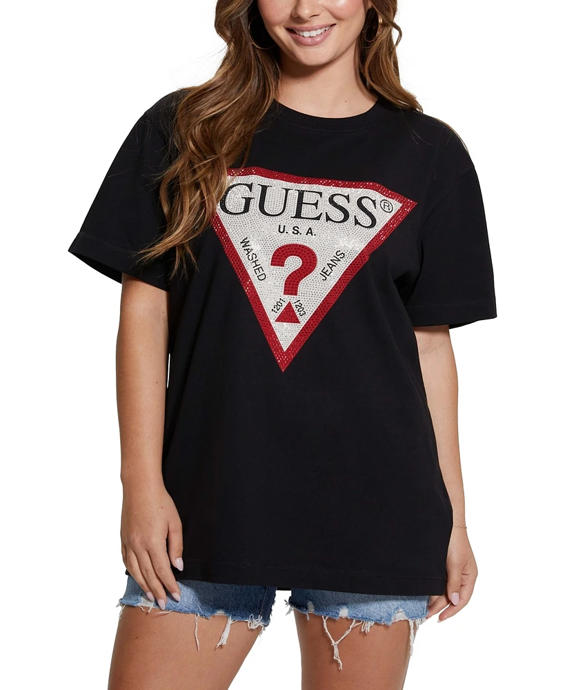 Guess Women's Cotton Stone-Embellished-Logo T-Shirt