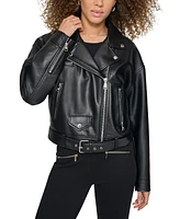 Karl Lagerfeld Paris Women's Faux-Leather Asymmetric Cropped Moto Coat