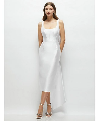 Scoop Neck Corset Satin Midi Dress with Floor-Length Bow Tails