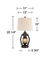 Horace Rustic Farmhouse Table Lamps 25.25" High Full Size Set of 2 with Nightlight Miner Lantern Brown Oatmeal Tapered Drum Shade for Living Room Bedr