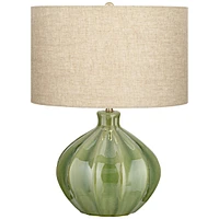 Gordy Modern Accent Table Lamp Handcrafted 20.5" High Ribbed Green Ceramic Oatmeal Fabric Drum Shade Decor for Living Room Bedroom House Bedside Night