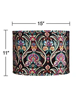 Multi-Color Embroidered Medium Drum Lamp Shade 15" Top x 15" Bottom x 11" High (Spider) Replacement with Harp and Finial - Springcrest