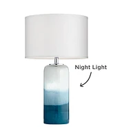 Roxanne Modern Coastal Table Lamp with Nightlight Led 25" High Blue Art Glass Column White Drum Shade Decor for Living Room Bedroom House Bedside Home