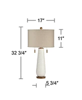 Kingston Mid Century Modern Table Lamp 32 3/4" Tall White Grooved Patterned Ceramic Taupe Drum Shade for Bedroom Living Room House Bedside Nightstand