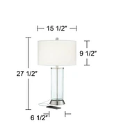 Watkin Modern Table Lamps 27.5" Tall Set of 2 Led with Usb and Ac Power Outlet in Base Dimmable Clear Glass Column White Drum Shade for Living Room Be