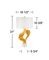 Hera Modern Glam Luxury Table Lamp Decor 31" Tall Sculptural Gold Leaf White Fabric Drum Shade Marble Base for Living Room Bedroom House Bedside Night