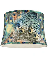 Peacock Print Medium Drum Lamp Shade 14" Top x 16" Bottom x 11" Slant (Spider) Replacement with Harp and Finial - Spring crest