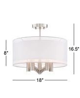 Possini Euro Design Caliari Modern Ceiling Light Semi Flush Mount Fixture Brushed Nickel 18" Wide 5-Light Sheer Silver White Linen Double Drum Shade f