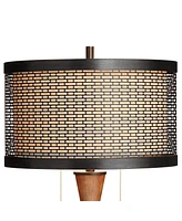 Hunter Rustic Farmhouse Table Lamp 29 3/4" Tall Cherry Wood Bronze Metal Outer Tan Fabric Inner Drum Shade for Bedroom Living Room House Home Bedside