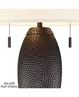 Noah Rustic Farmhouse Table Lamp 31" Tall Bronze Brown Hammered Textured Oatmeal Fabric Drum Shade for Bedroom Living Room House Bedside Nightstand Ho