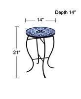 Cobalt Modern Black Metal Round Outdoor Accent Side Tables 14" Wide Set of 2 Light Blue Mosaic Tile Tabletop Gracefully Curved Legs for Spaces Po