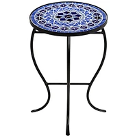 Cobalt Modern Black Metal Round Outdoor Accent Side Tables 14" Wide Set of 2 Light Blue Mosaic Tile Tabletop Gracefully Curved Legs for Spaces Po