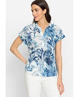 Olsen Women's 100% Cotton Allover Tropic Leaf Blouse