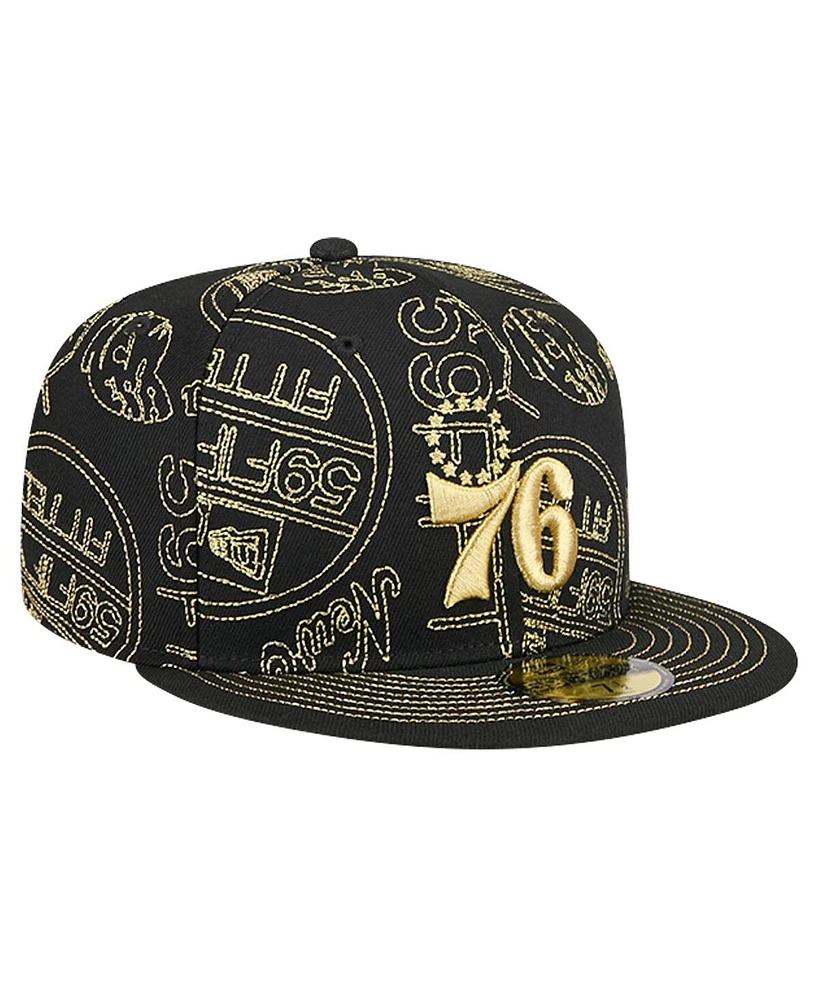 New Era Men's Black Philadelphia 76ers 59FIFTY Day Allover Print Stencil Fitted Hat