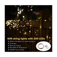 Yescom 66 ft Led String Lights Battery Operated Starry Fair Rope Lights 8 Modes Remote Christmas