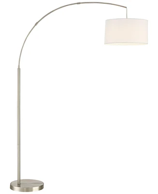 360 Lighting Cora Modern Arc Lamps Floor Standing with Usb Charging Port 72" Tall Brushed Nickel Silver Metal White Linen Fabric Drum Shade for Living