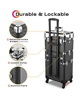 Byootique Folding Manicure Nail Table 2in1 Rolling Makeup Train Case Kit Manicure Cosmetic Trolley Travel Organizer Nail Case, Black