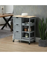 Homcom Rolling Kitchen Island Cart, Bar Serving Cart, Compact Trolley on Wheels with Wood Top, Shelves & Drawers for Home Dining Area, Grey