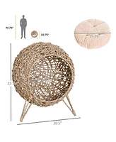 PawHut 20.5" Rattan Cat Bed, Elevated Wicker Kitten House Round Condo with Cushion, Natural