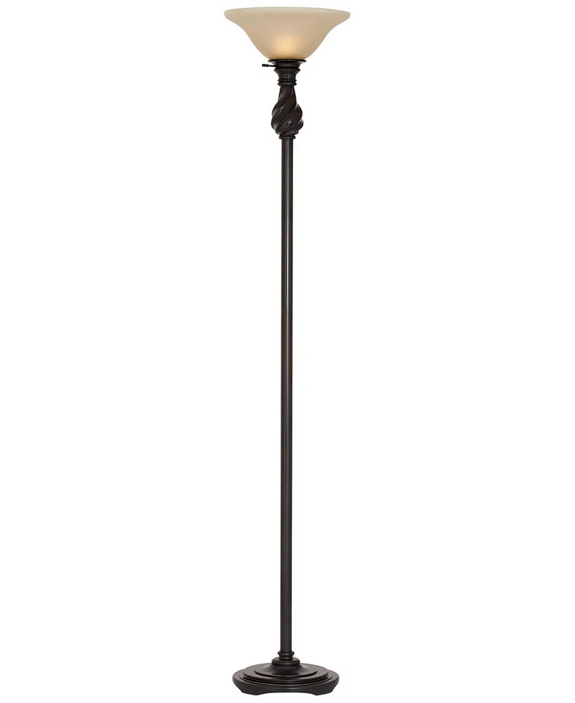 Regency Hill Traditional Torchiere Floor Lamp 70" Tall Hand Applied Black Bronze Swirl Font Amber Glass Shade Standing Pole Light for Living Room Read
