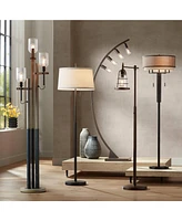 Franklin Iron Works Alamo Industrial Rustic Farmhouse Standing Floor Lamp 62" Tall Bronze Sheer Brown Organza Linen Fabric Double Drum Shades for Livi